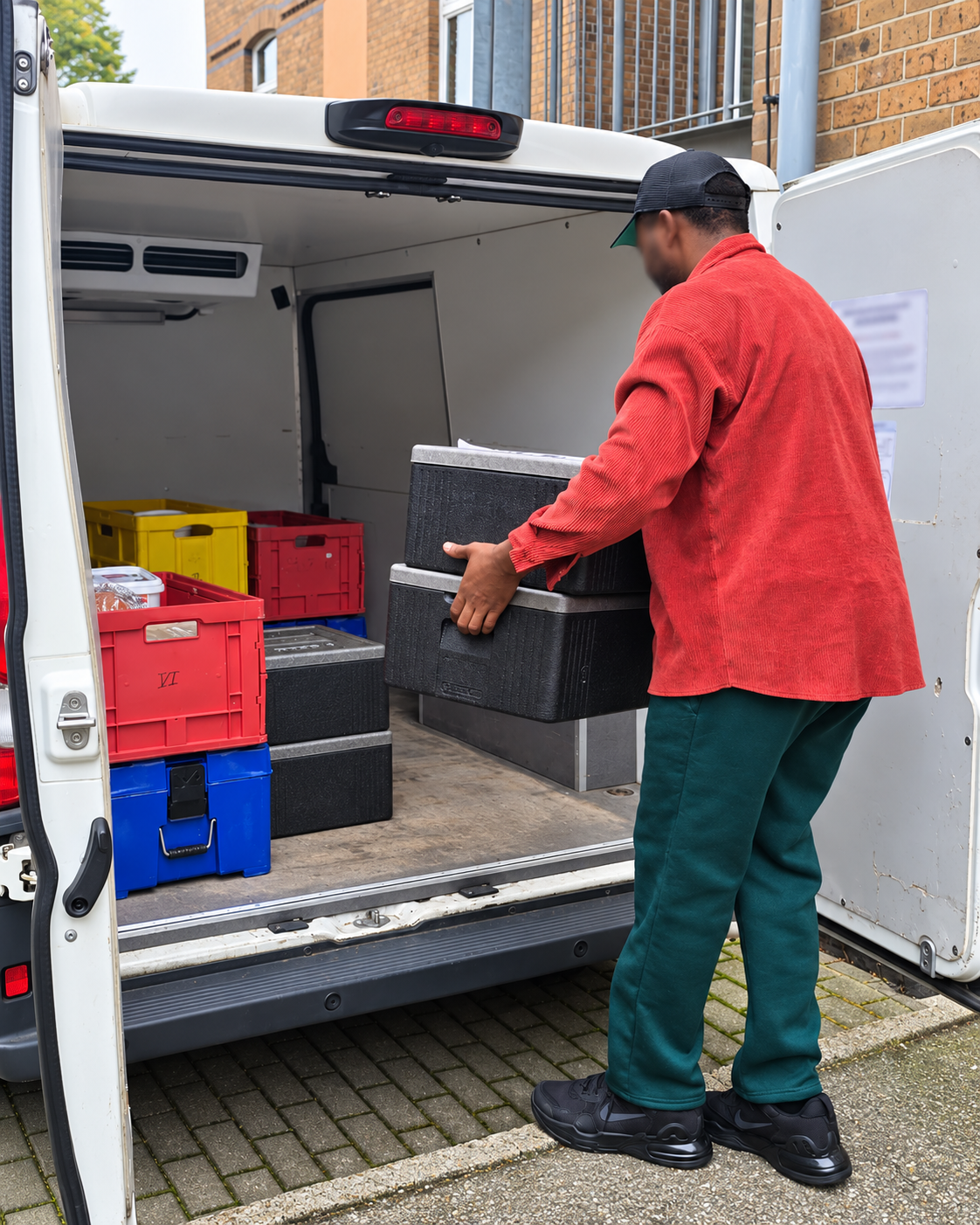 Mitarbeiter von Fair bei der Essenauslieferung mit isolierten Transportbehältern am Lieferfahrzeug